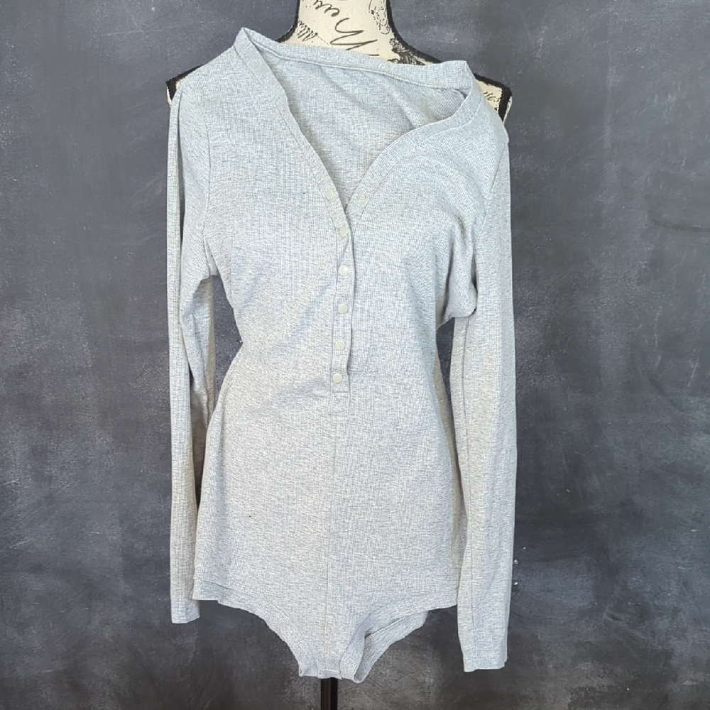 Gray Long Sleeve Henley Romper Pajamas